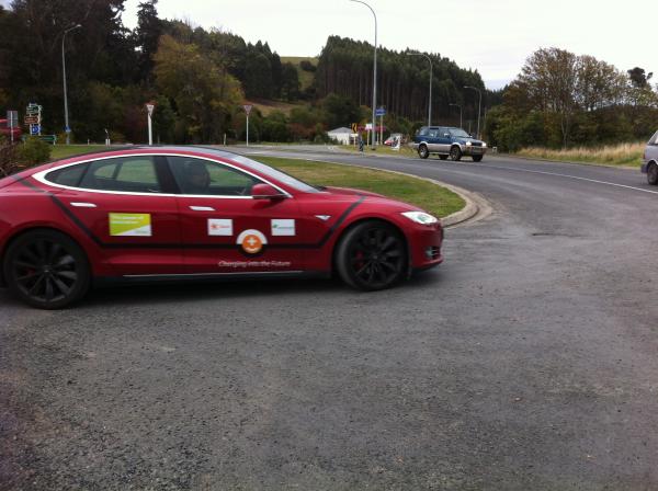 A Tesla S leaving Waitati in the 'Leading the Charge' EV convoy in April